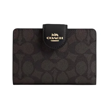 COACH SignatureCanvas High-quality Leather Wallet Medium Size Women's Walnut Wood With Black Accents