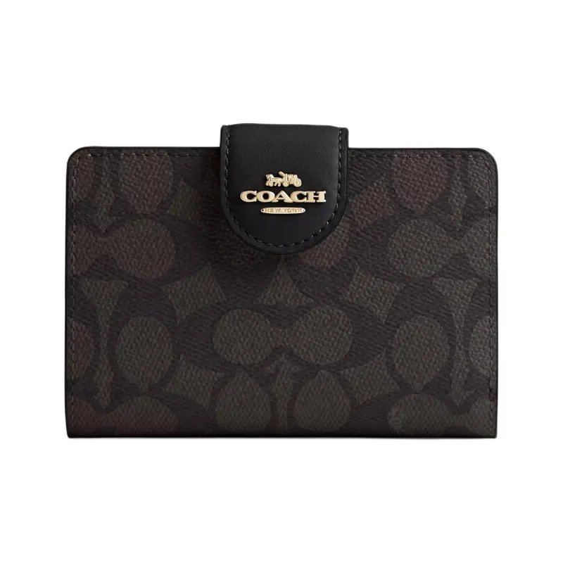 COACH SignatureCanvas High quality Leather Wallet Medium Size Women's Walnut Wood With Black Accents-0