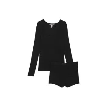 Victoria's Secret Ribbed Modal Scoop Long-Sleeve Shortie Set / BLACK Pajama Set Women's Black