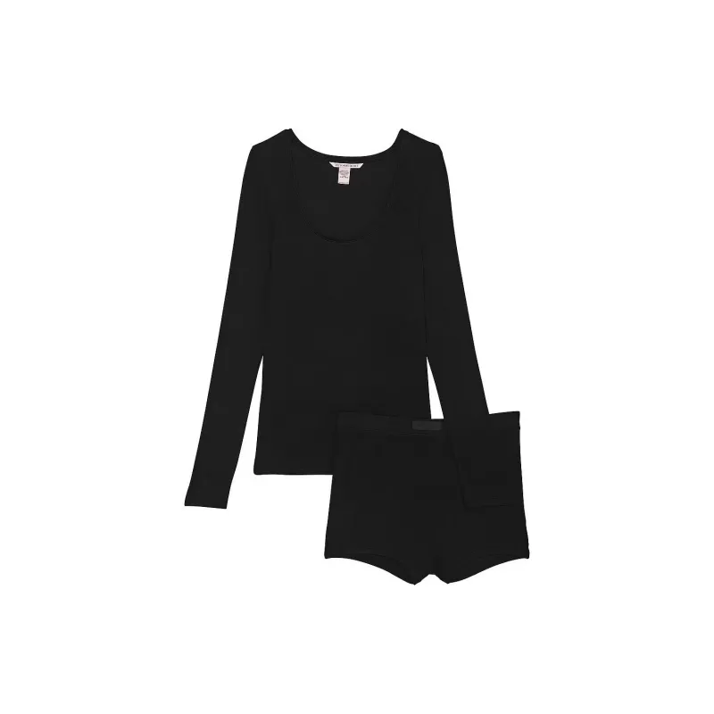 Victoria's Secret Ribbed Modal Scoop Long-Sleeve Shortie Set / BLACK Pajama Set Women's Black-0