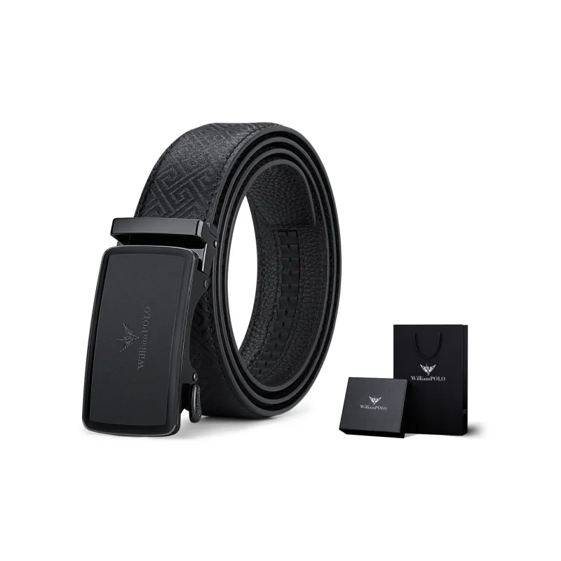 WilliamPOLO Cow Split Leather Cow Leather Alloy Leather Belts Men's Gunmetal Buckle Black Logo 3.5cm Width-3