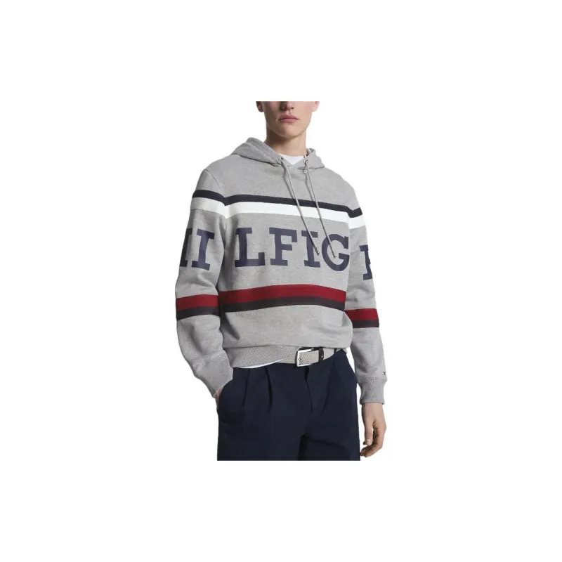 Tommy Hilfiger Global Stripe Hilfiger Monotype Logo Hoody Sweatshirt Men's Light Gray-3
