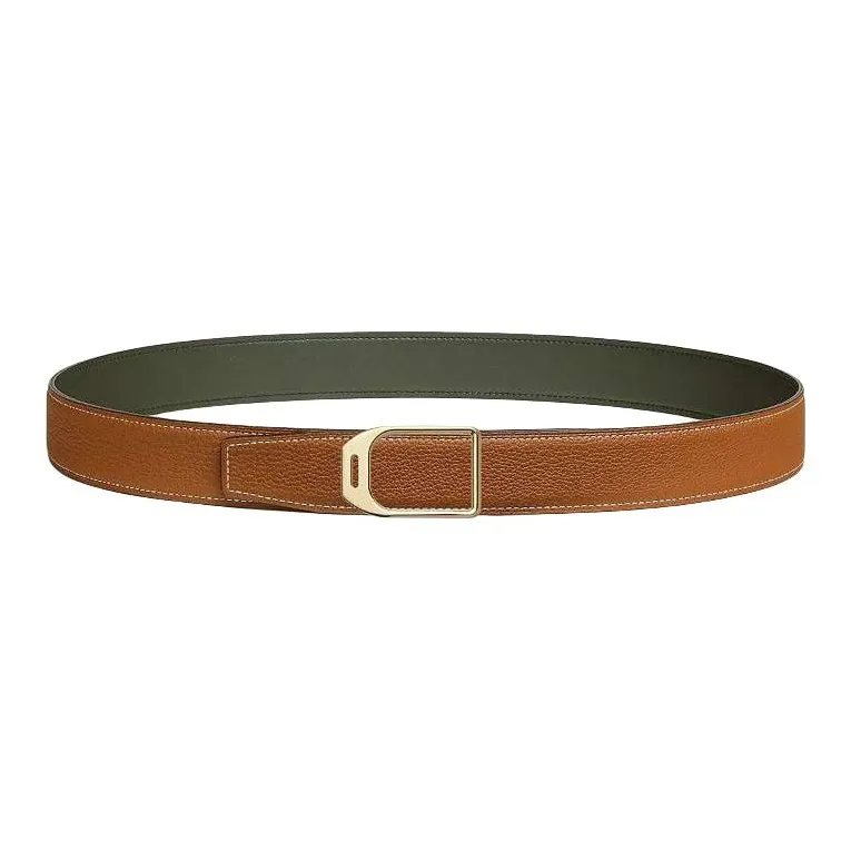 HERMES Calfskin Leather Belts Men's Green Brown Width: 3.2CM-1