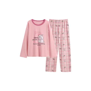 FENTENG Pajama Set Women's Pink Plaid