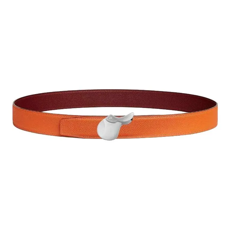 HERMES Calfskin Leather Belts Unisex Red Orange Width 3.3CM-1