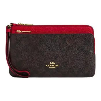 COACH Coated Canvas Wallet Small Size Women's Walnut Wood With Red Accents