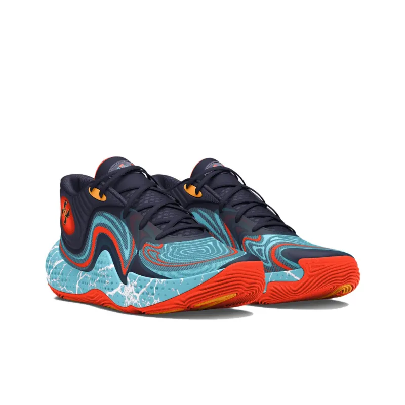 Under Armour Spawn 6 Abrasion Resistant Slip Resistant Shock Absorbers Mid Top Basketball Shoes Unisex Black Blue-2