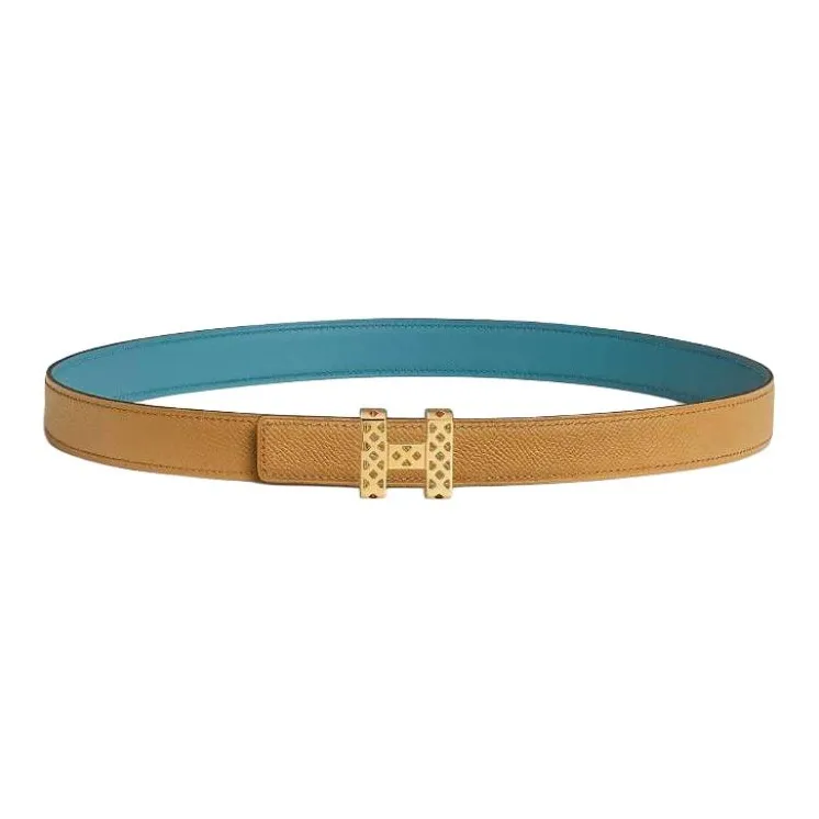 HERMES Gold-Plated Leather Belts Women's Jeans/Cookies Width 2.4CM-1