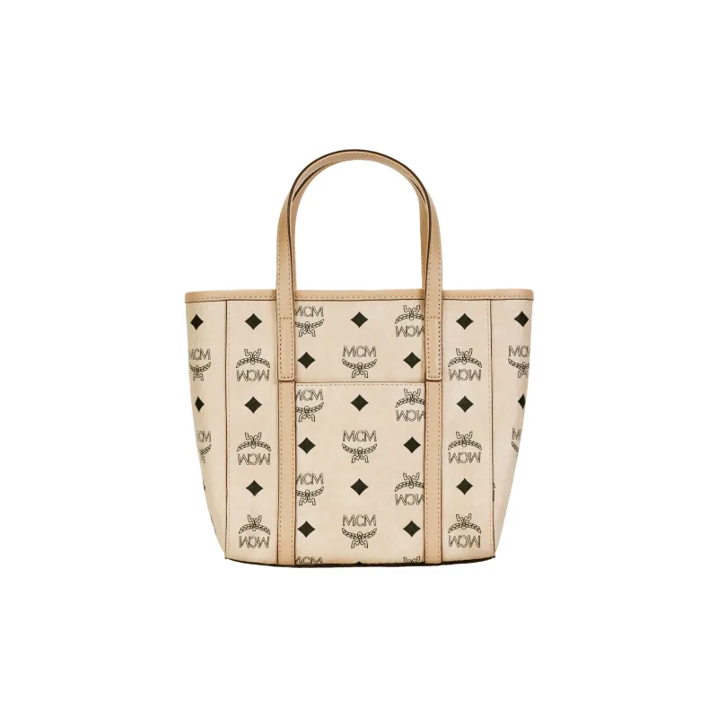 MCM Coated Canvas With Nappa Leather Trim Tote Bag, Crossbody Bag, Shopping Bag, Handbag Mini Unisex Beige-3