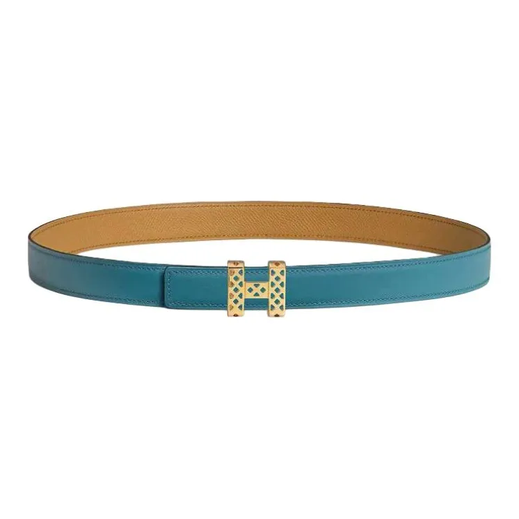 HERMES Gold-Plated Leather Belts Women's Jeans/Cookies Width 2.4CM-0