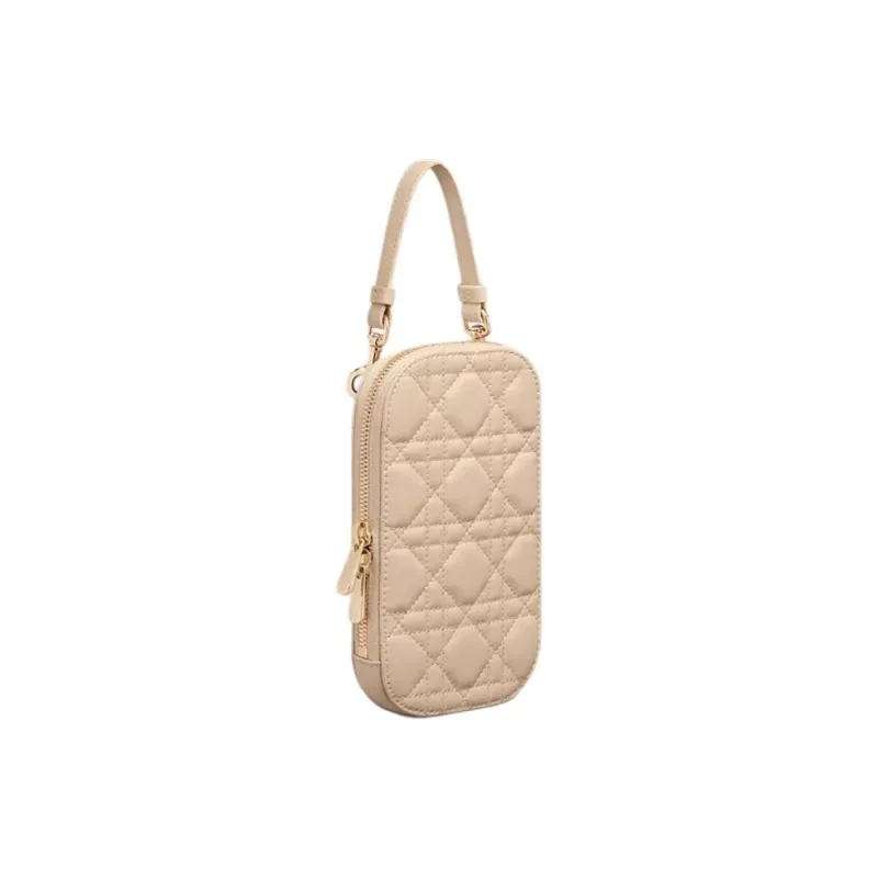 DIOR Lady Dior Lambskin Portable One Shoulder Crossbody Cell Phone Pouch Women's Pink Beige-2