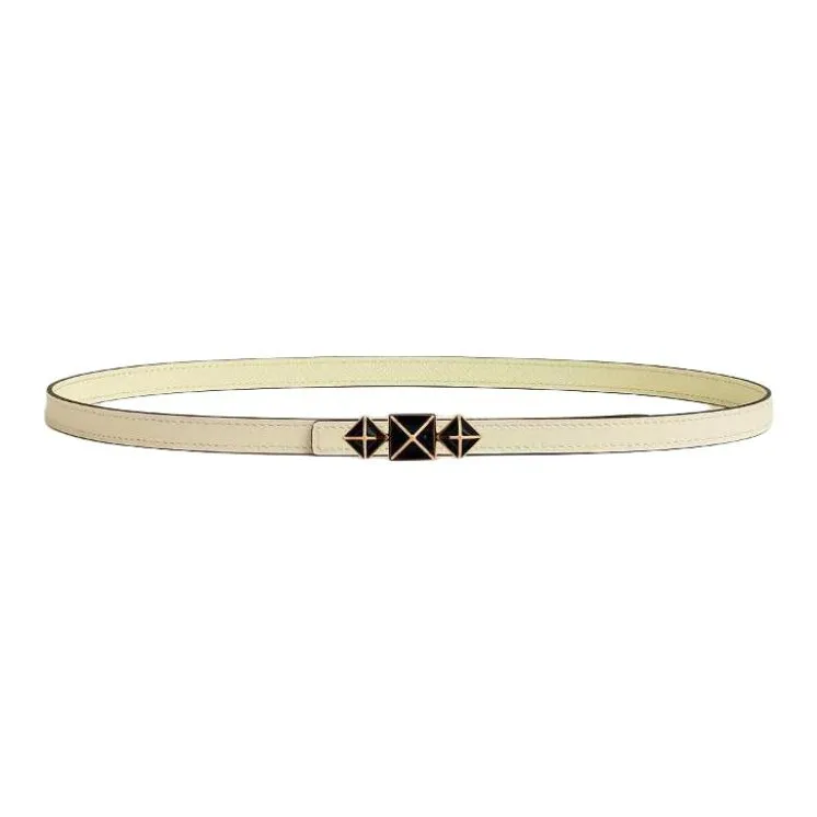 HERMES Gold Plated Leather Belts Women's Gray White/Milton Yellow Width 1.3CM-0