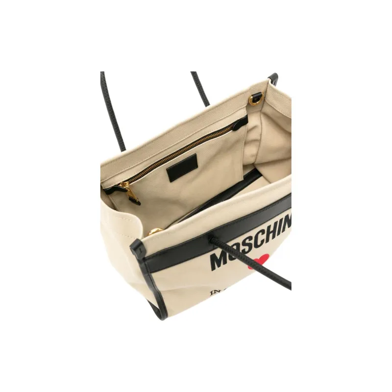 MOSCHINO Canvas Canvas Bag Tote Bag Shopping Bag One Shoulder Handbag Women's Beige & Black-2