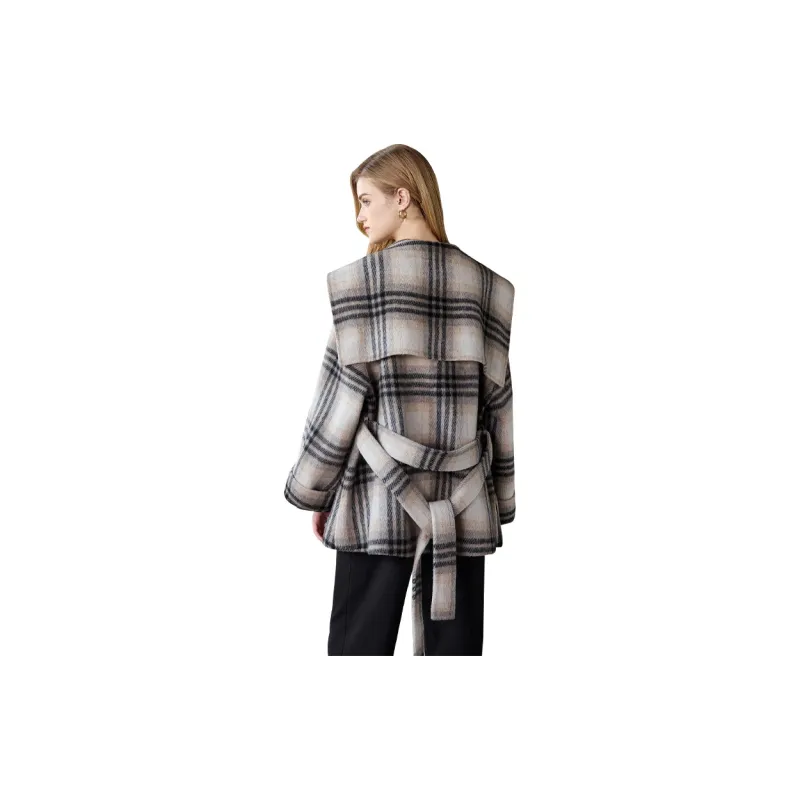 TOUCH Cropped Coats Women's Black Beige Plaid-1