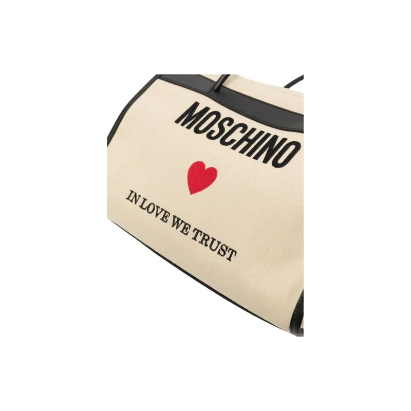 MOSCHINO Canvas Canvas Bag Tote Bag Shopping Bag One Shoulder Handbag Women's Beige & Black-3