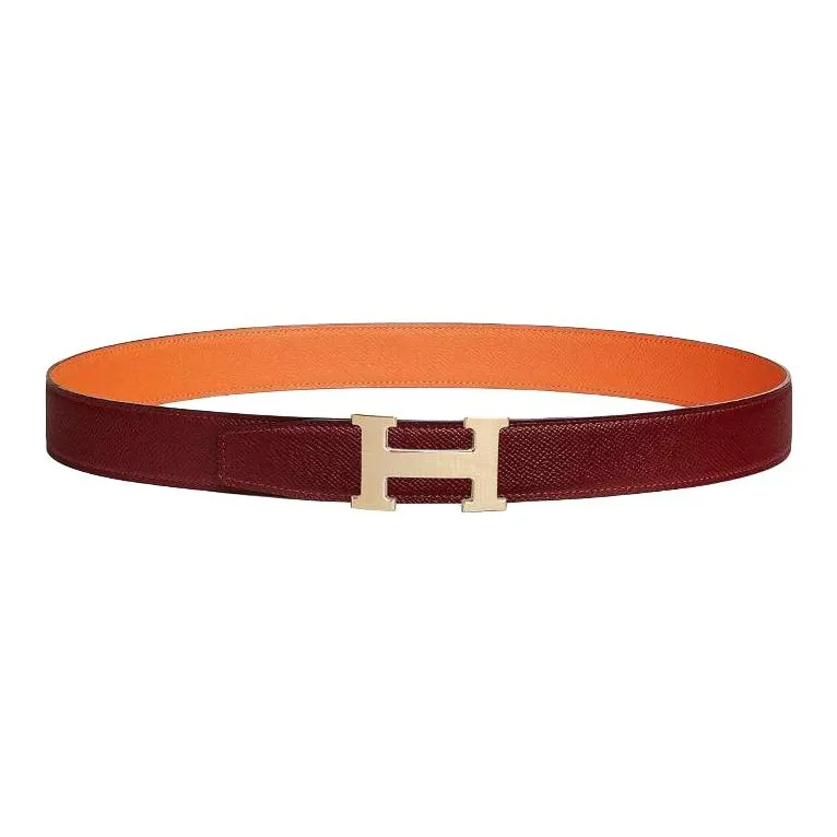 HERMES Calfskin Leather Belts Men's Red Orange Width: 3.2CM-1