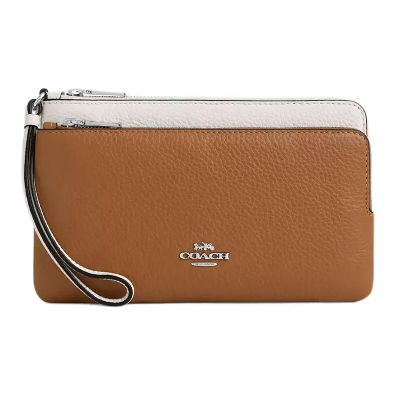 COACH Double Zip Wallet Pebbled Leather Wallet Small Size Women's Light Saddle Multicolor-0