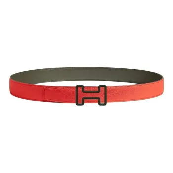 HERMES Calfskin Leather Belts Men's Gray Orange Width 3.3CM