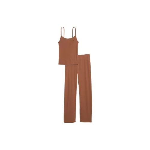 Victoria's Secret PINK Spill-the-Tea Cotton Long Pajama Set / Caramel Pajama Set Women's Caramel