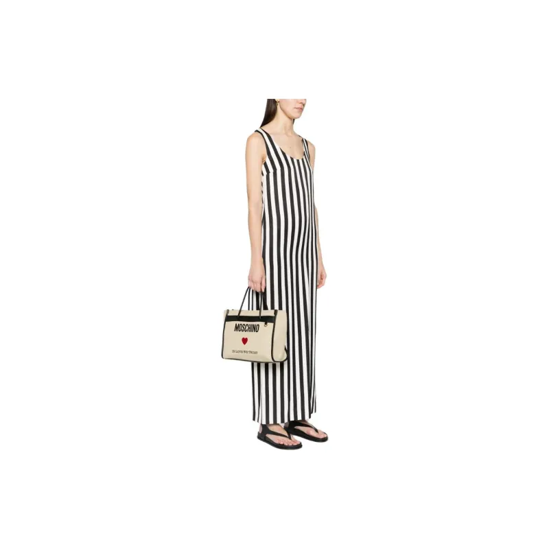 MOSCHINO Canvas Canvas Bag Tote Bag Shopping Bag One Shoulder Handbag Women's Beige & Black-4