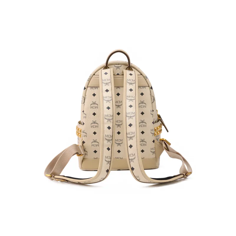 MCM Canvas With Leather Backpack Small Size Unisex Beige-2