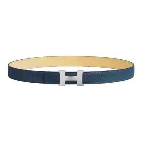 HERMES Palladium Plated Leather Belts Women's Chick Yellow/Navy Width 2.4CM