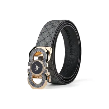 WilliamPOLO PVC/Cow Leather Leather Belts Men's Gold Buckle Gold Logo Gray Strap Width: 3.5cm