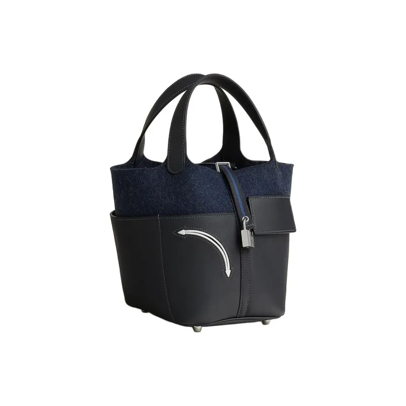HERMES Picotin Swift Calfskin With Felt Overlay Basket Bag Handbag Bucket Bag Women's Black & Blue-1