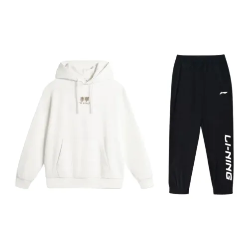 LINING Sports Life Collection Casual Sportswear Unisex Set Ivory Sweatshirts+Black Pants