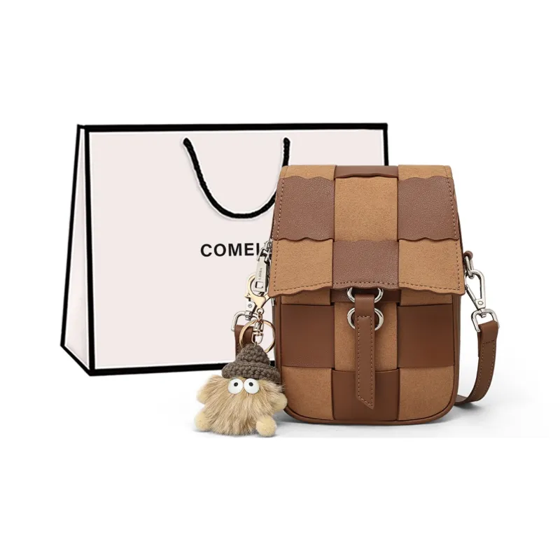 COMELY Cow Leather Patchwork Synthetic Leather Cell Phone Pouch Shoulder Bag Crossbody Bag Regular Women's Brown-0