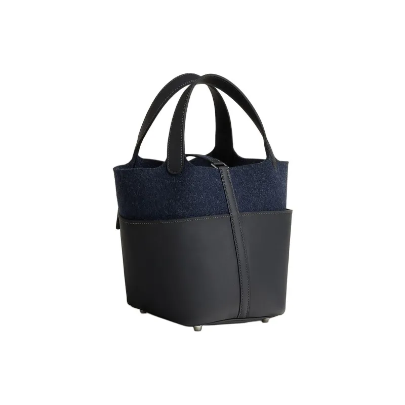 HERMES Picotin Swift Calfskin With Felt Overlay Basket Bag Handbag Bucket Bag Women's Black & Blue-2