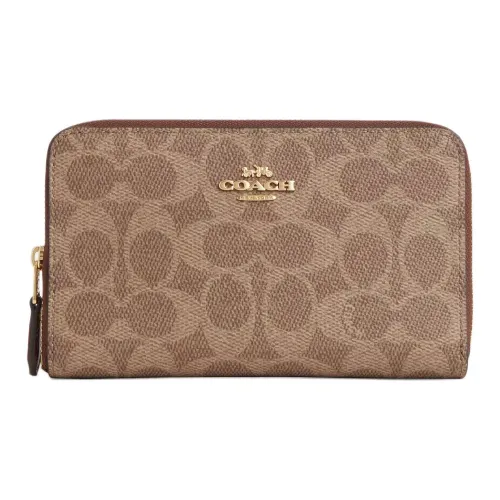 COACH Id Zip Wallet Coated Canvas Wallet Medium Size Women's Gold Tawny And Brown