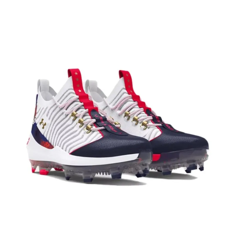 Under Armour Anti Slip Wear Resistant Mid Top Baseball Shoes Men's White Blue-2