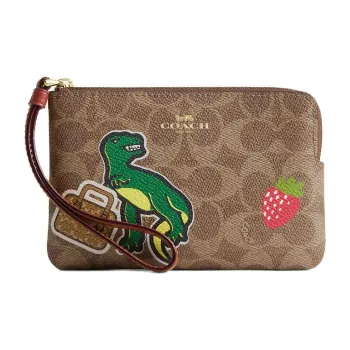 COACH Corner Zip Coated Canvas Clutch Small Size Women's Tan Multicolor