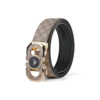 WilliamPOLO PVC/Cow Leather Leather Belts Men's Gold Buckle Gold Logo Khaki Belt Width: 3.5cm