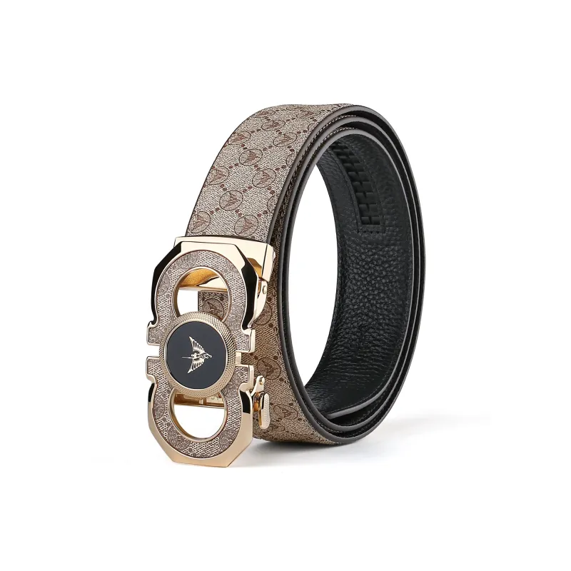 WilliamPOLO PVC/Cow Leather Leather Belts Men's Gold Buckle Gold Logo Khaki Belt Width  3.5cm-0