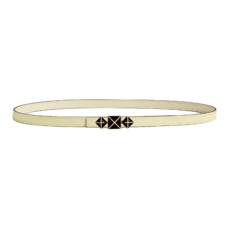 HERMES Gold Plated Leather Belts Women's Gray White/Milton Yellow Width 1.3CM-1