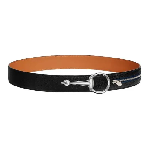 HERMES Calfskin Leather Belts Men's Black Brown Width: 3.8CM