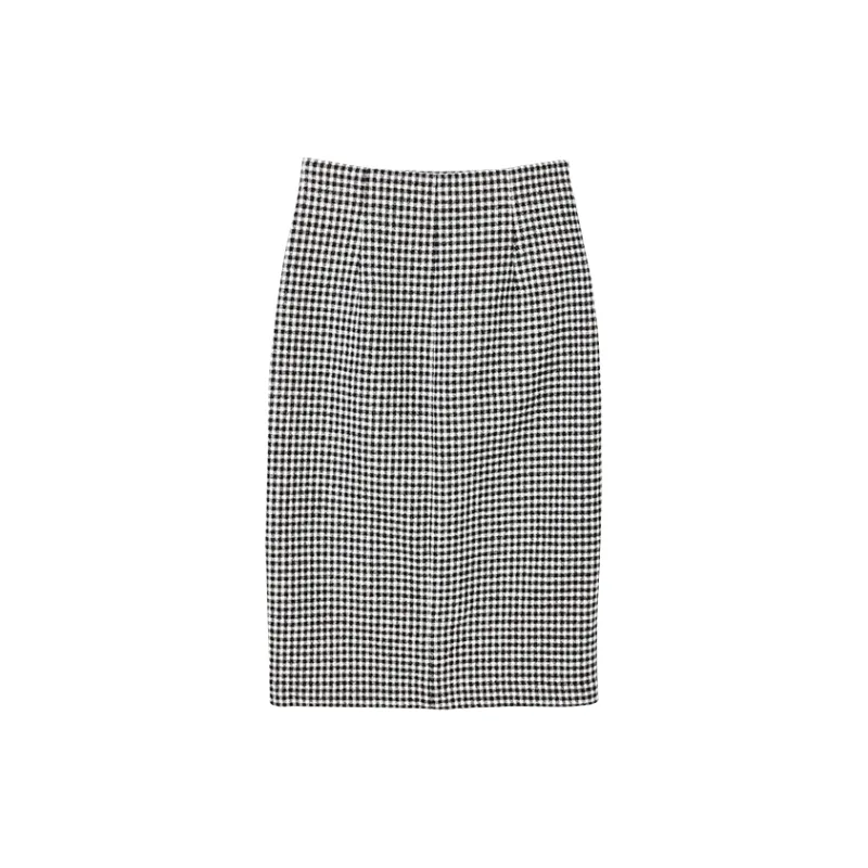Yu Qianwen Casual Long Skirts Women's Black White Plaid-1