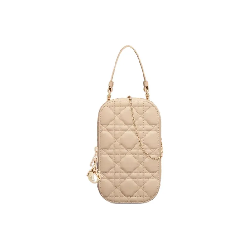 DIOR Lady Dior Lambskin Portable One Shoulder Crossbody Cell Phone Pouch Women's Pink Beige-0