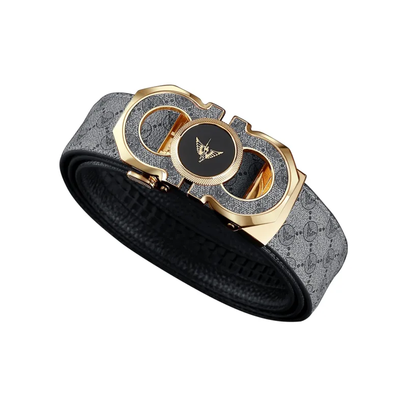 WilliamPOLO PVC/Cow Leather Leather Belts Men's Gold Buckle Gold Logo Gray Strap Width  3.5cm-1