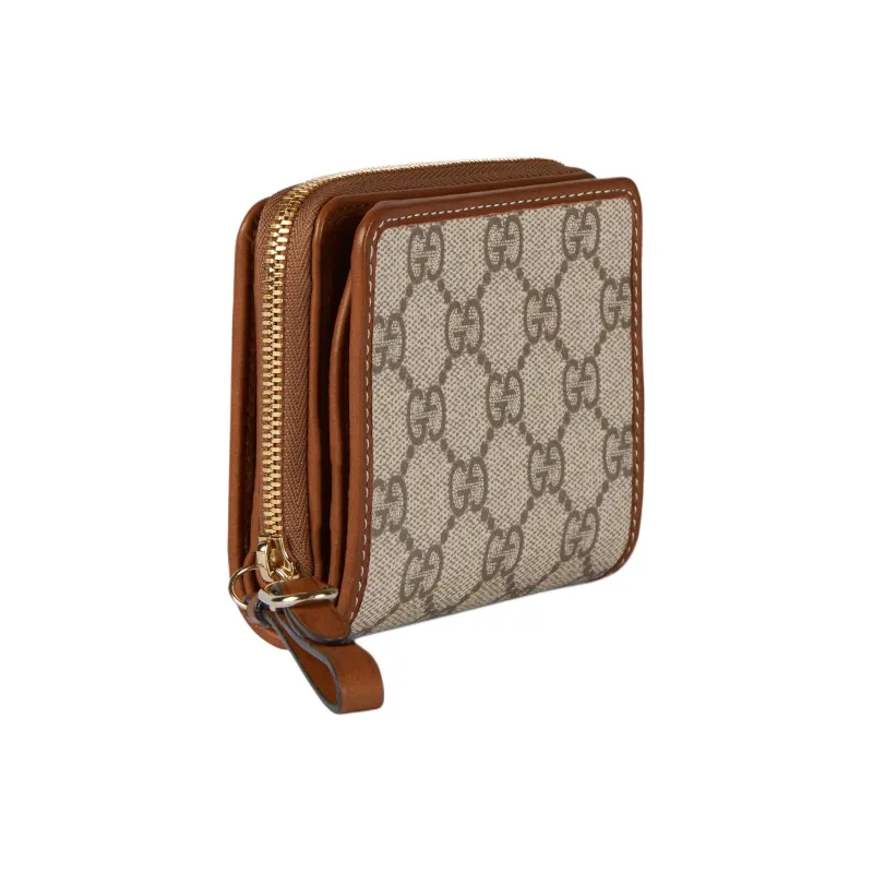 GUCCI Coated Canvas With Leather Wallet Mini Women's Beige & Dark Brown-1
