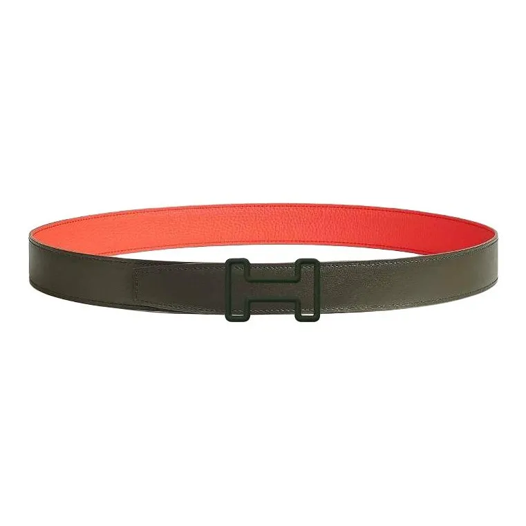 HERMES Calfskin Leather Belts Men's Gray Orange Width 3.3CM-1