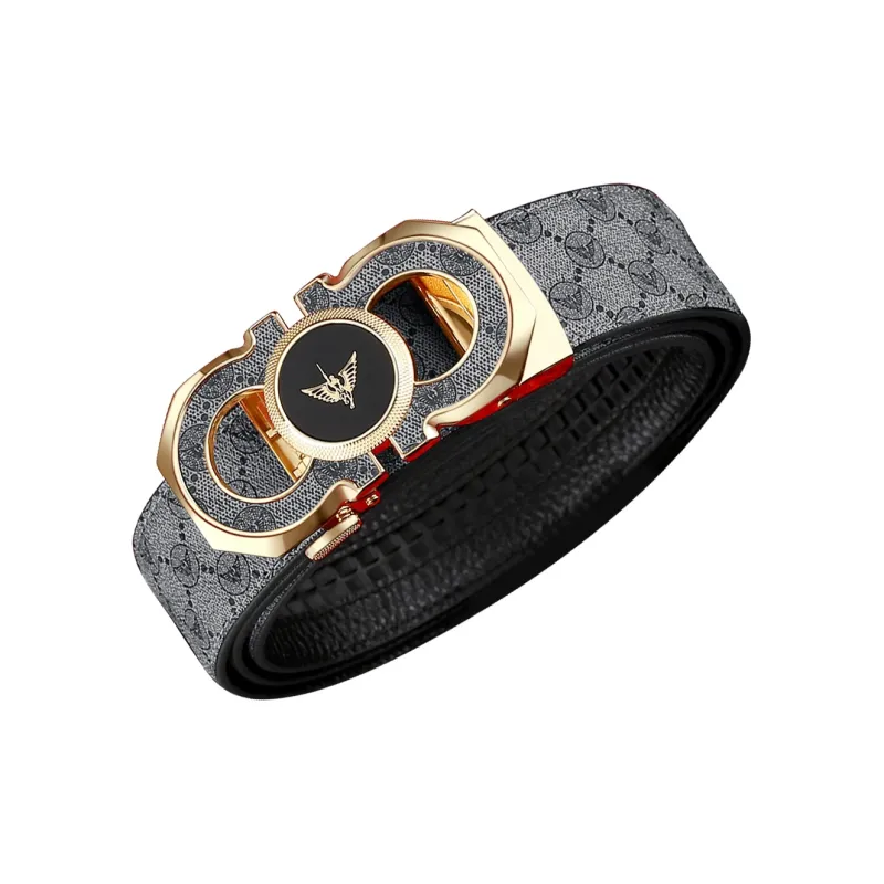 WilliamPOLO PVC/Cow Leather Leather Belts Men's Gold Buckle Gold Logo Gray Strap Width  3.5cm-2