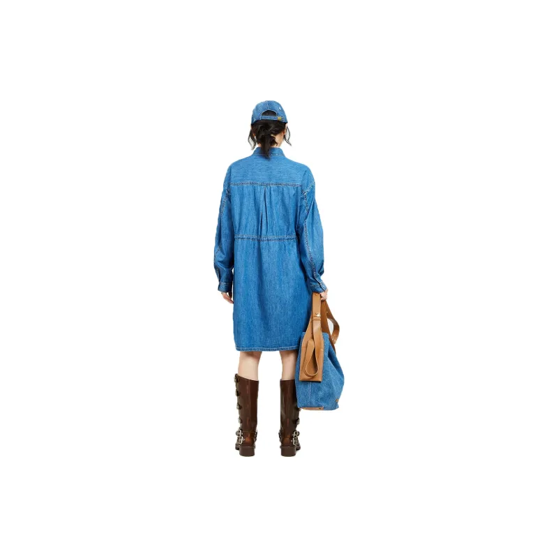 MUGUOGUOMU Long Sleeved Dress Women's Denim Blue-1