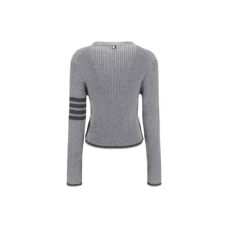 THOM BROWNE V Neck Cropped Cable Knitted Cardigan-1