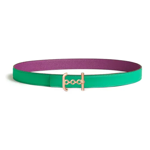 HERMES Calfskin Rose Gold-Plated Leather Belts Women's Green/Purple Width 2.4CM