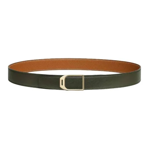 HERMES Calfskin Leather Belts Men's Green Brown Width: 3.2CM