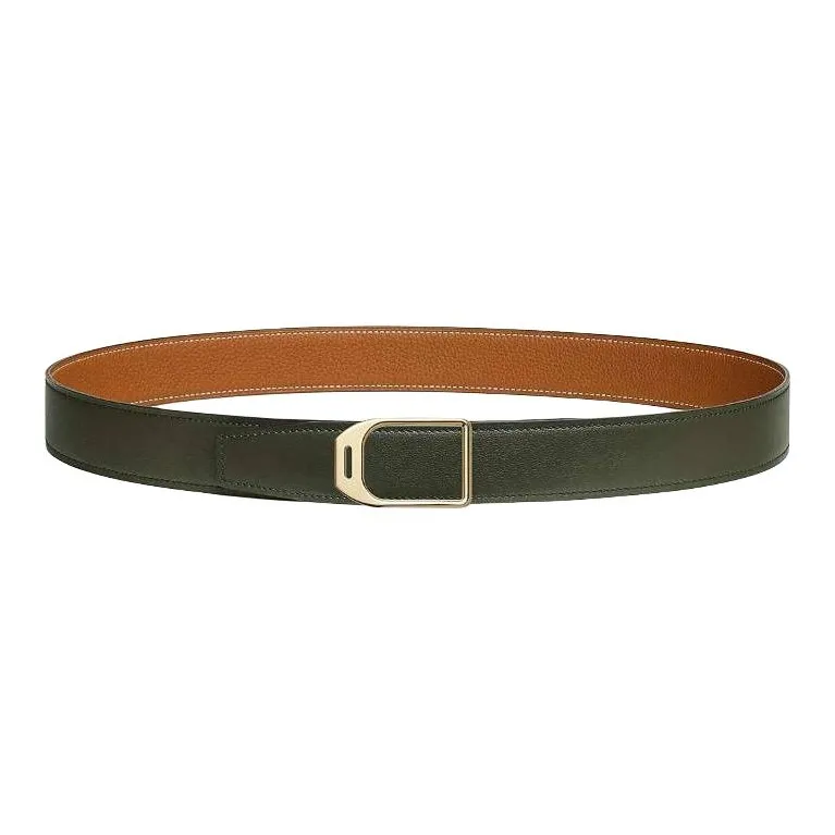 HERMES Calfskin Leather Belts Men's Green Brown Width: 3.2CM-0