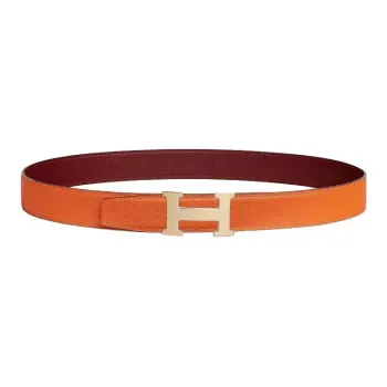 HERMES Calfskin Leather Belts Men's Red Orange Width: 3.2CM